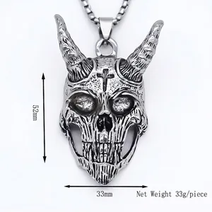 Retro punk demon skull pendant necklace in silver finish with cross detail for men