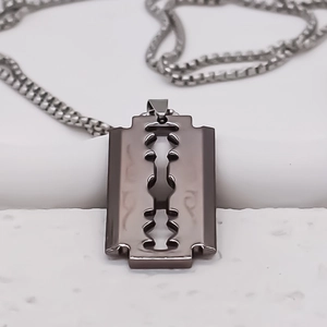 Hip hop razor blade pendant necklace in gunmetal black stainless steel on box chain