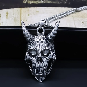 Punk Gothic Demon Skull Pendant Necklace With Horns Cross Alloy Vintage Silver Hip Hop Box Chain For Men Unisex Jewelry