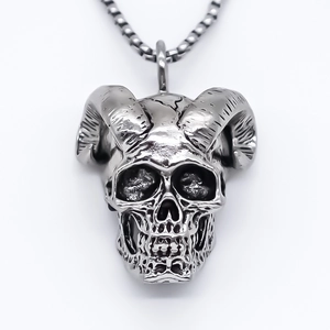 Gothic punk stainless steel skull with ram horns pendant on a silver box chain necklace