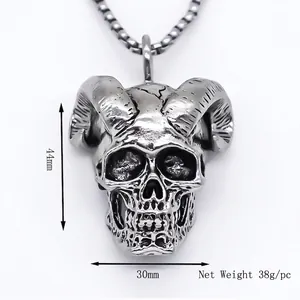 Retro punk ram skull pendant necklace in silver stainless steel, 44mm height and 38g weight