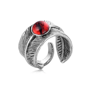 Retro feather alloy ring with red evil eye stone and adjustable open band for men
