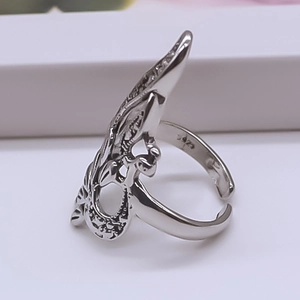 Retro hollow peacock feather open ring in S925 silver finish for women fashion