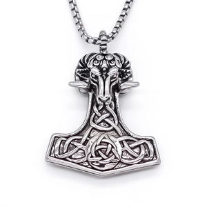 Retro stainless steel viking Mjolnir ram head pendant with celtic knot on box chain