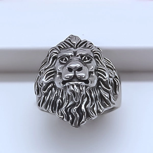 Bague tête de lion rétro pour hommes en argent antique avec design style hip hop