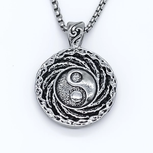 Collier pendentif Tai Chi Yin Yang rétro argenté avec texture spirale et chaîne box
