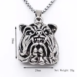 Pendentif tête de bouledogue en acier inoxydable argenté, taille 39mm x 29mm, poids 35g