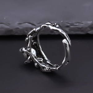 Vue macro d'une bague tête de mort vintage en argent oxydé sur fond de roche sombre