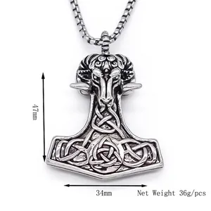 Retro stainless steel Viking Mjolnir pendant necklace with ram head and Celtic knot