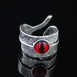 Men Vintage Feather Open Ring Gothic Punk Style With Red Pupil Evil Eye Alloy Rhinestone Adjustable Finger Jewelry Gift