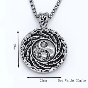 Collier avec pendentif Yin Yang Tai Chi vintage en acier inoxydable et chaîne box