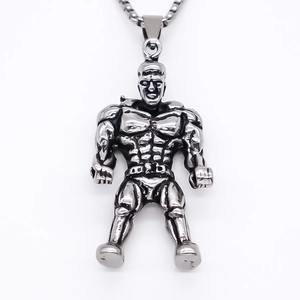 Vintage silver muscle man pendant necklace with heavy duty chain for bodybuilding style