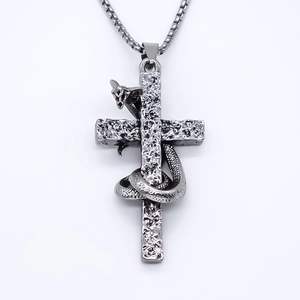 Retro gothic stainless steel necklace featuring a textured snake wrapped around a cross pendant