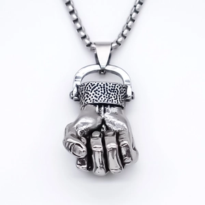 Punk style silver fist pendant necklace with stainless steel box chain for street fashion