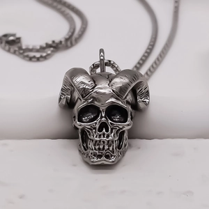 Vintage punk goat skull pendant necklace in distressed stainless steel for men
