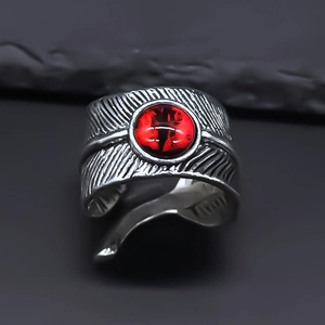 Gothic retro silver feather ring featuring a striking red demon eye and open band design