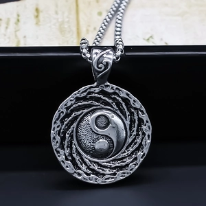 Collier Pendentif Tai Chi Yin Yang Style Chinois Vintage Alliage Rond Motif Spirale Bijoux Argent Cadeau Pour Hommes Femmes
