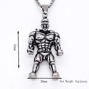 Muscular bodybuilder pendant necklace in vintage silver finish with stainless steel chain