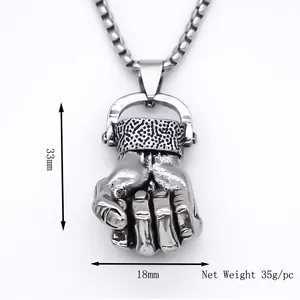 Punk style fist pendant necklace in vintage silver finish, 33mm by 18mm size