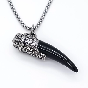 Vintage stainless steel square chain necklace with carved tribal wolf tooth pendant