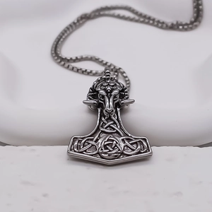 Retro stainless steel Thor's hammer necklace with vintage ram head and Celtic knot design