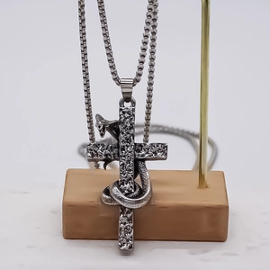 Retro gothic snake coiled cross pendant on box chain made of vintage stainless steel
