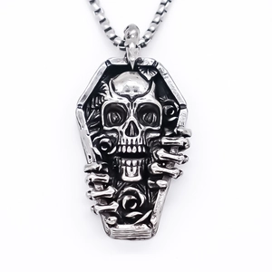 Gothic punk skull and rose coffin pendant on square pearl chain in vintage silver finish