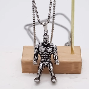 Men's bodybuilding athlete pendant necklace with square pearl chain in silver finish