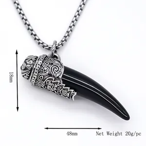Polished black tusk pendant necklace with tribal silver metal top and square link chain