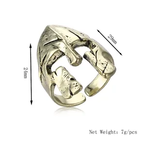 Golden Spartan helmet open ring for men in retro style with vintage engraved finish