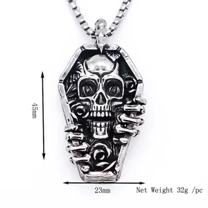 Gothic stainless steel coffin necklace with skull and rose design, 45mm pendant length