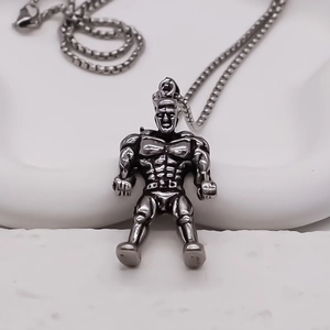 Bodybuilder muscle man pendant necklace in vintage silver finish with durable chain