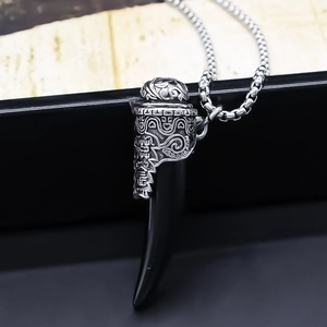 Men Vintage Wolf Tooth Pendant Necklace Retro Alloy Rune Tribal Engraved Black Silver Tone Hip Hop Jewelry For Men