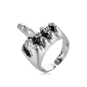 Vintage silver hollow middle finger gesture ring with adjustable open band for men