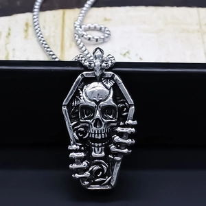 Gothic Punk Coffin Skeleton Pendant Necklace For Men Women Vintage Silver Alloy Rose Skull Hip Hop Halloween Jewelry Gift