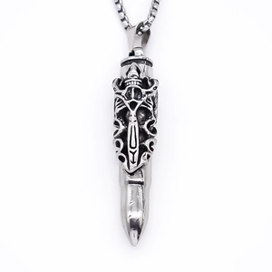 Gothic bullet pendant necklace with skull relief and cross in polished silver steel