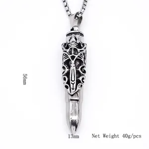 Gothic stainless steel bullet dagger pendant necklace with skull relief and chain measurements