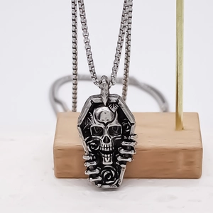 Gothic punk stainless steel coffin necklace with 3D skull and rose pendant for men