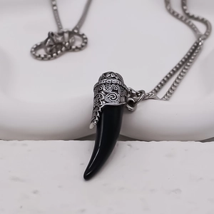 Vintage stainless steel wolf tooth pendant necklace with engraved metal cap on stone