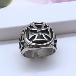 Men's vintage cross ring in antique silver finish with punk style adjustable open band