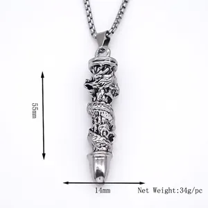 Collier pendentif dragon chinois gravé en acier vintage, hauteur 55mm, poids 34g