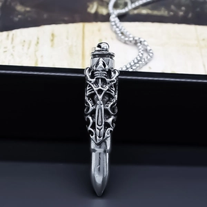 Vintage Gothic Alloy Bullet Pendant Necklace Silver Color Skull Cross Relief Carved Punk Street Jewelry Accessory For Men Women