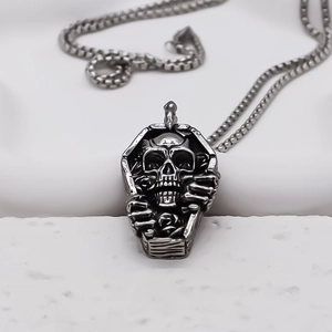 Gothic stainless steel coffin pendant necklace with skull and rose on box chain