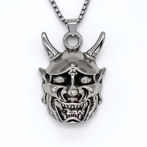 Dark gothic demon hannya mask pendant necklace in polished stainless steel for men