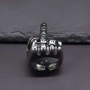Adjustable hollow middle finger ring in vintage silver alloy for hip hop streetwear style