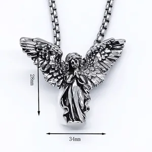 Vintage silver praying angel pendant necklace with 28mm wingspan on square bead chain