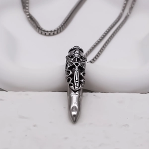 Gothic bullet pendant necklace with cross relief and polished stainless steel finish
