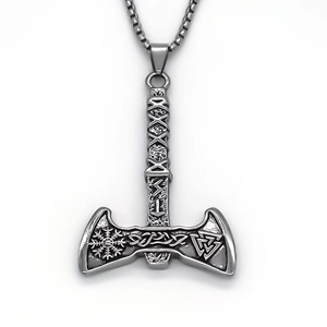 Viking double-sided axe pendant necklace with Norse runes on polished box chain