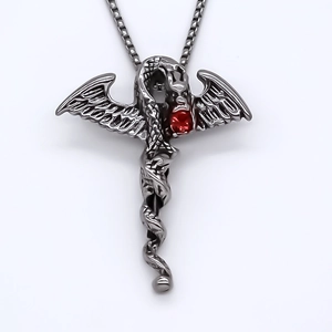 Gothic dragon wrapped around a column pendant with a red gemstone on square link chain