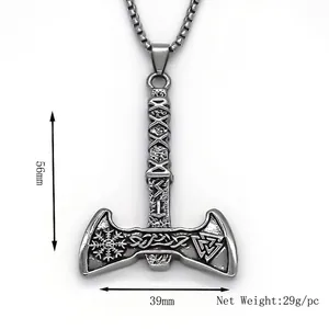 Vintage stainless steel Viking axe pendant necklace with Valknut rune for men